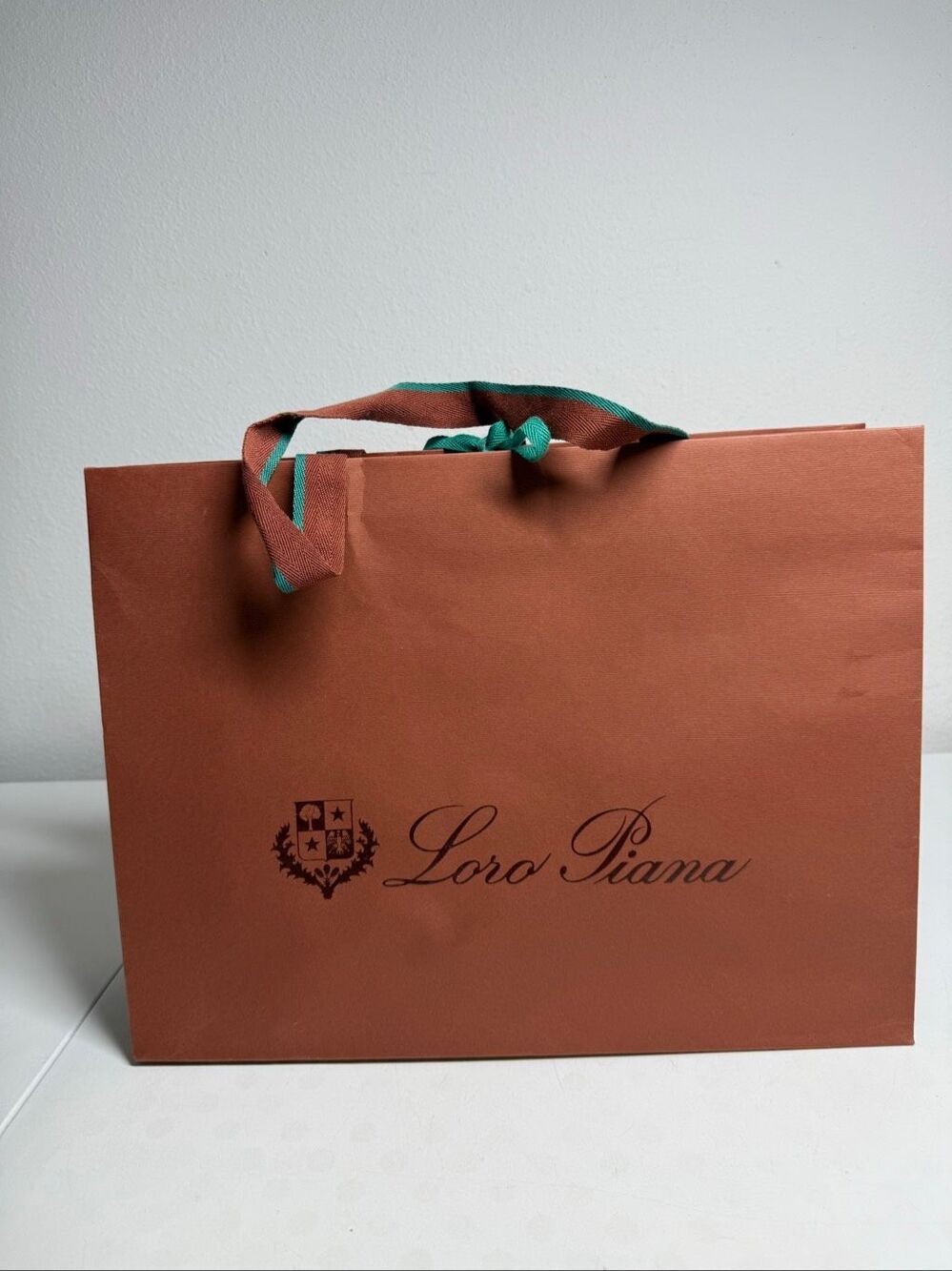 Loro Piana Luxury Shopping Gift Bag Brown Green Handles Large Designer Packaging